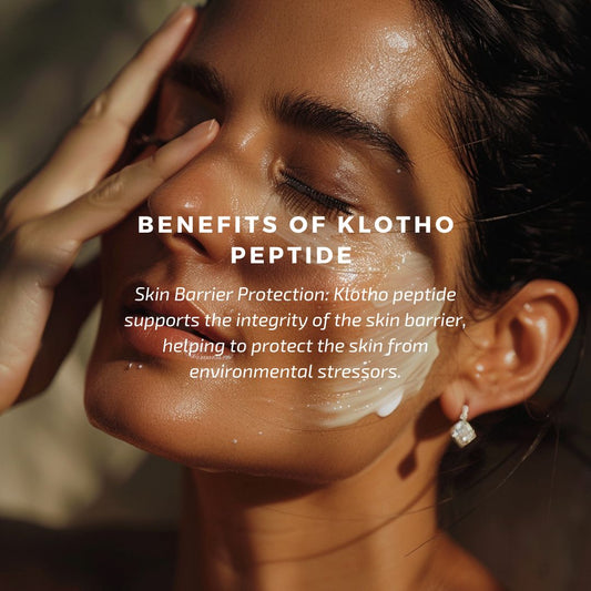 Woman applying Klotho peptide cream to her face, highlighting skin barrier protection against environmental stressors.