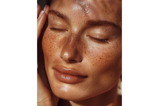 Close-up of a woman with glowing skin and freckles, representing natural beauty and healthy skincare.