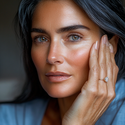 Close-up of a woman with radiant skin and long hair gently touching her face, showcasing a natural beauty look.